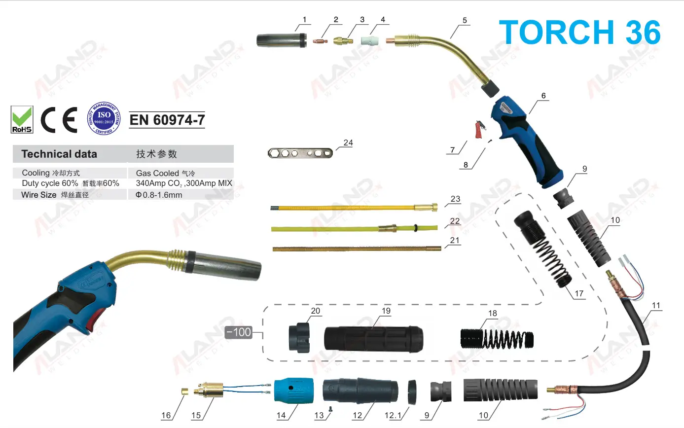 MB36KD CO2 MIG MAG Welding Torch 3M 4M 5M Pure Copper Welding Gun Optional